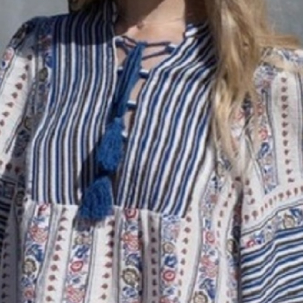 NEAH Blouse Mandarin Collar 3/4 Bell Sleeve Mixed Floral Stripes Print S M L NWT - Picture 4 of 5